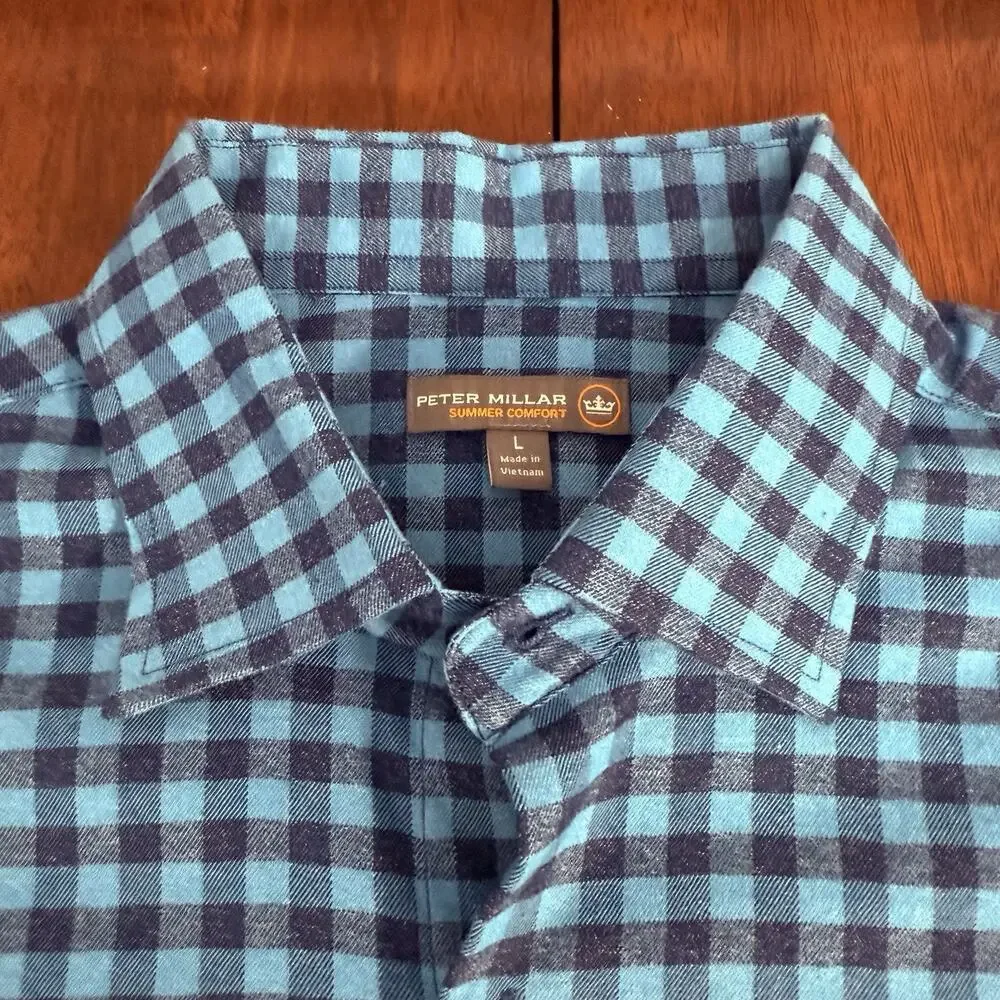 Peter Millar Summer Comfort Flannel Blue Gray Gingham Style Men's Size Large‎